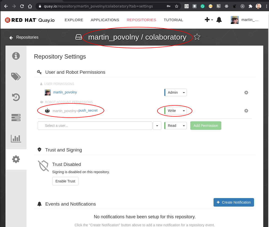 Quay: setup permissions